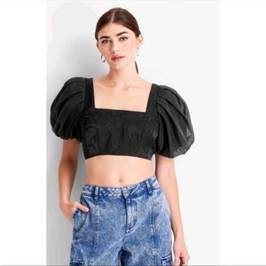 NWOT Future Collective Kahlana Barfield Brown Puff Short Sleeve Organza Crop Top